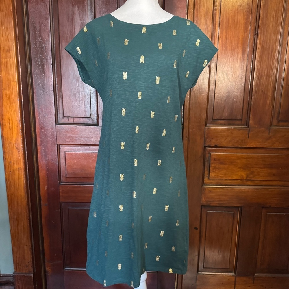 Boden Paulina Jersey T-Shirt Dress Emerald Green Cotton with Golden Pineapple